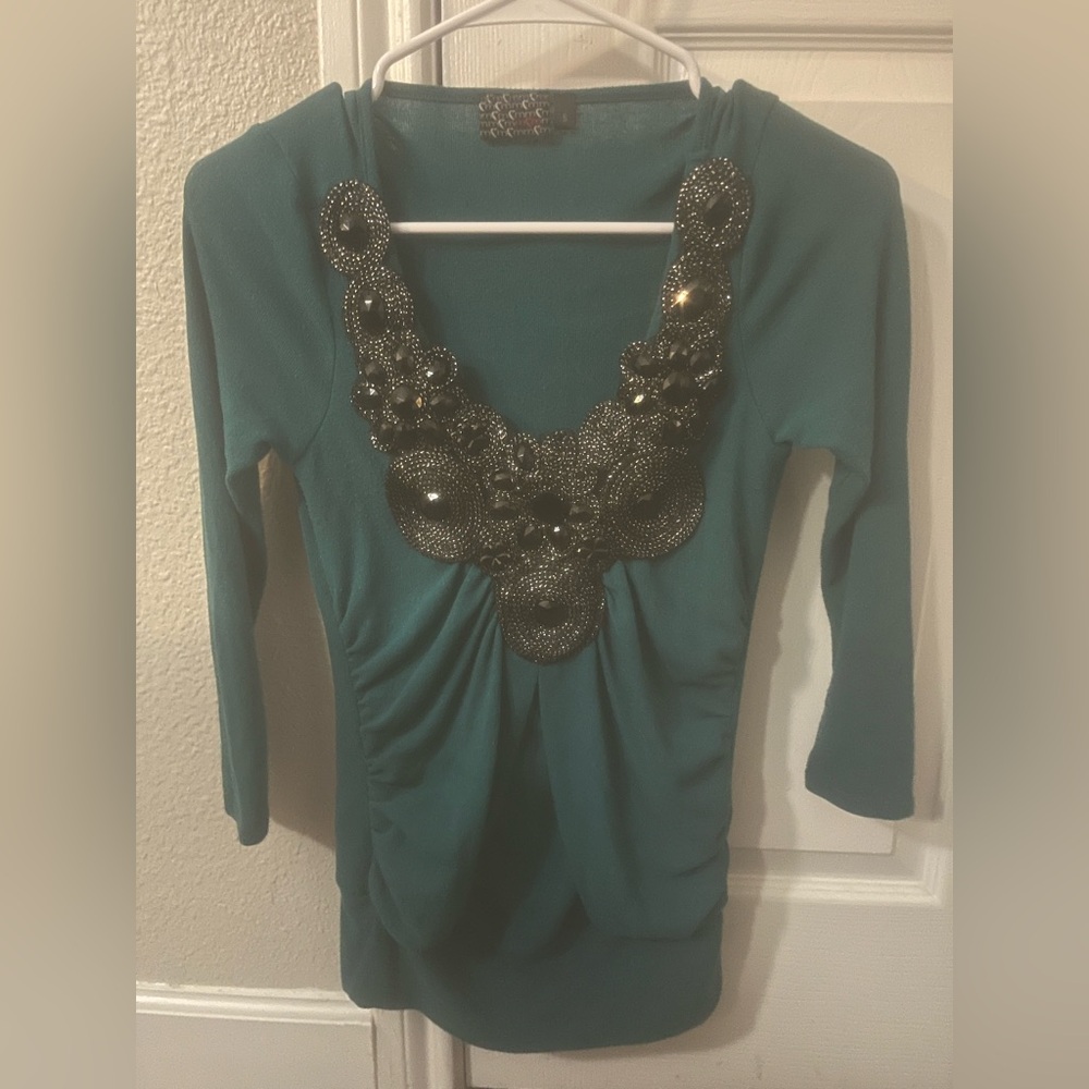 Embellished Teal & Black MCM VTG Top